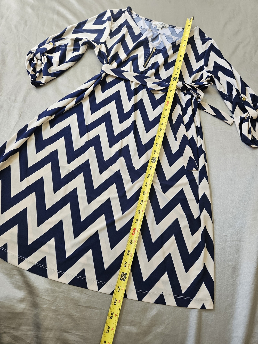 Tacera Navy and White Chevron Midi Dress with Belt - Picture 8 of 11